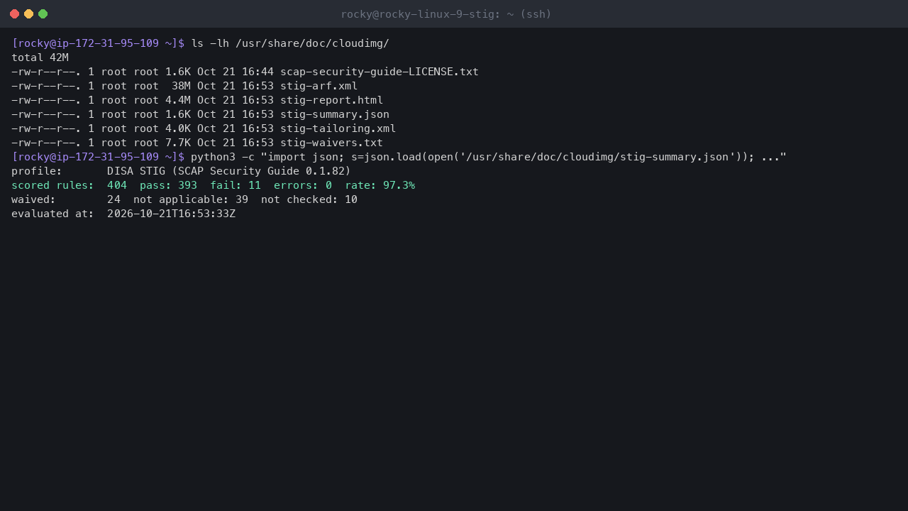 Terminal output showing the shipped compliance files in /usr/share/doc/cloudimg and the summary of the DISA STIG evaluation: 404 scored rules, 393 pass, 11 fail, a 97.3 percent pass rate, 24 waived rules, 39 not applicable and 10 not checked
