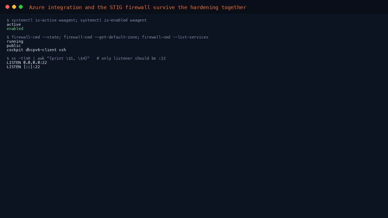 The terminal shows the Azure Linux Agent active and enabled, the STIG-installed firewalld running with the ssh service explicitly permitted in the public zone, and the only TCP listener on the machine is SSH on port 22 for both IPv4 and IPv6