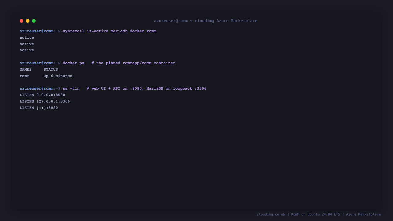 mariadb, docker and the pinned rommapp/romm container active, with RomM listening on 8080 and MariaDB bound to loopback 3306