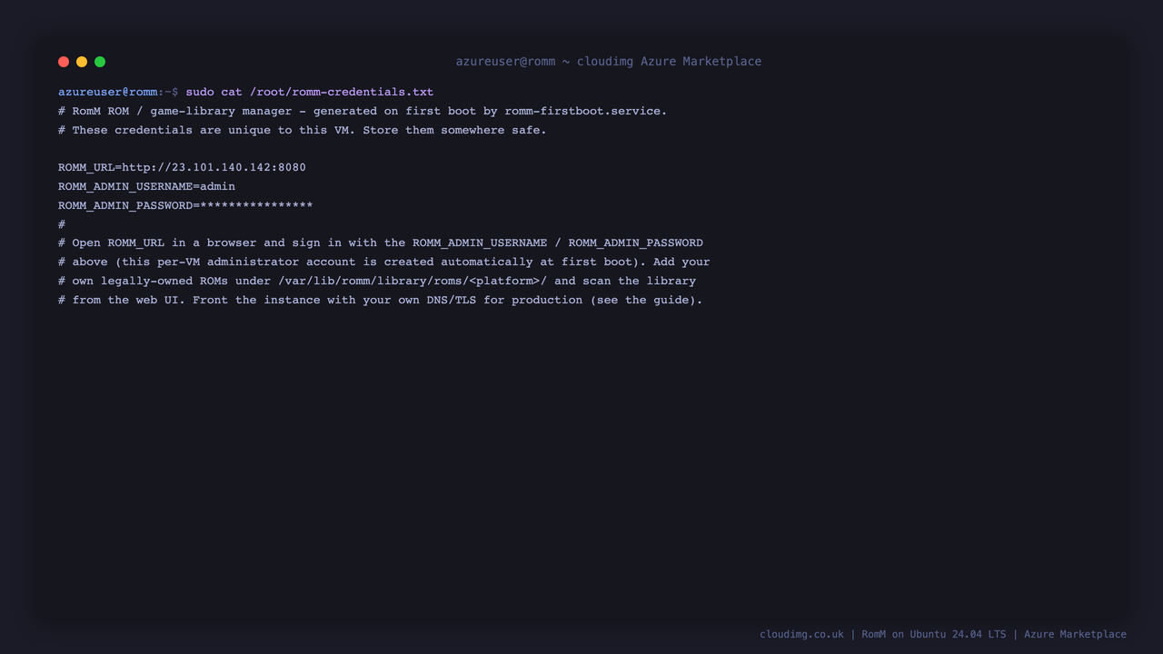 The per-VM RomM credentials file with the web UI URL, the administrator username and the administrator password (redacted)