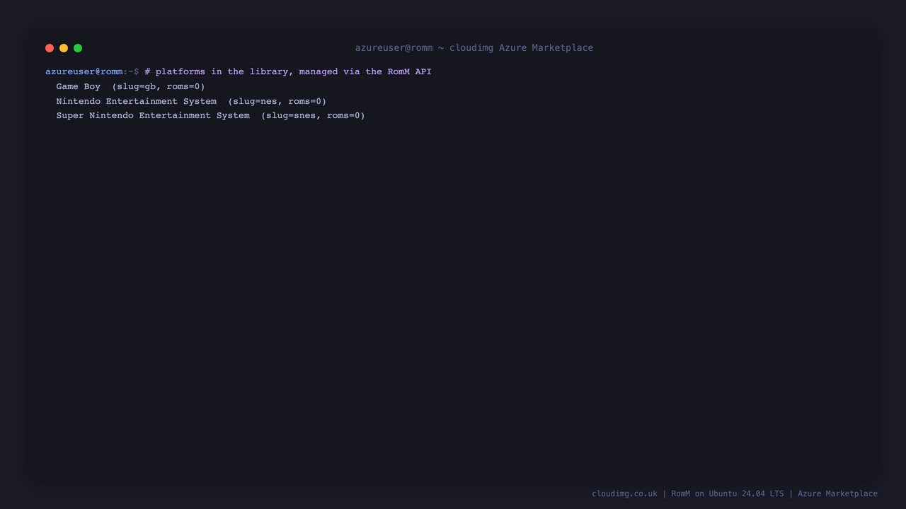 The organized library shown through the RomM API: platforms with their game counts