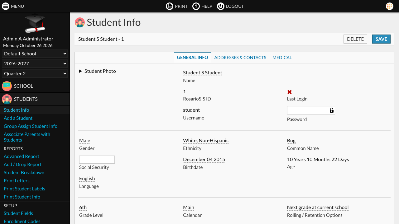 A student's record under Students