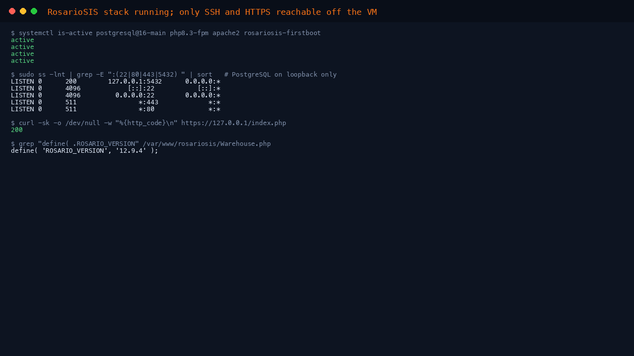 Services active, PostgreSQL on loopback only, and the RosarioSIS version