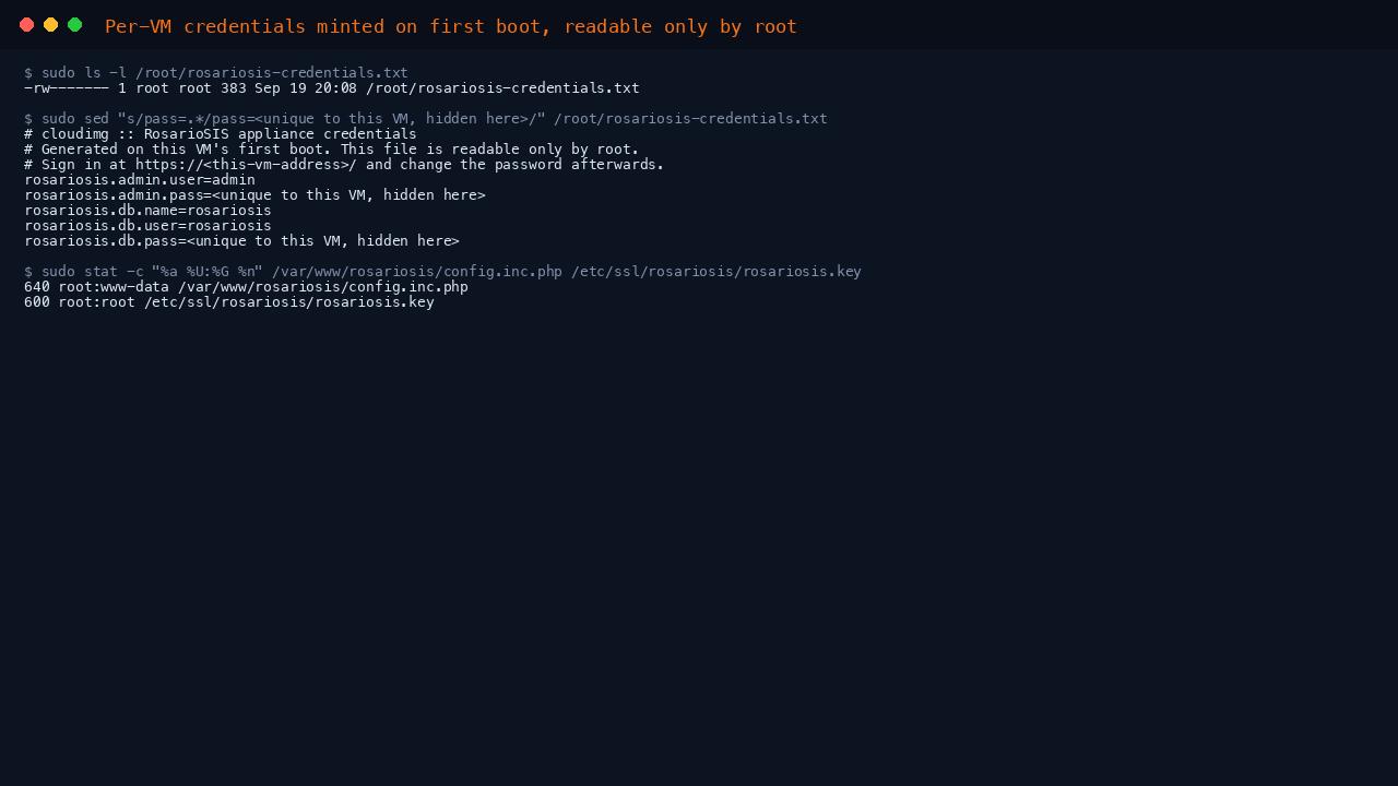 The root only credentials file, with the per VM passwords hidden