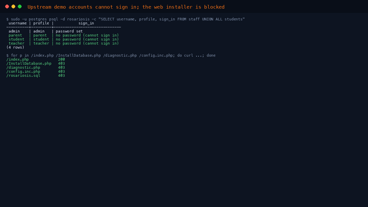 Demo accounts without passwords and the blocked installer