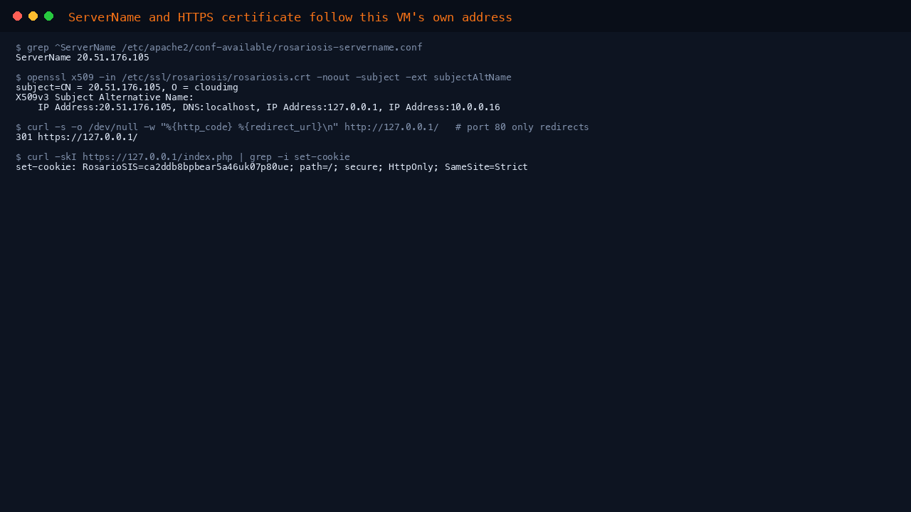 ServerName, the HTTPS certificate, the port 80 redirect and the session cookie