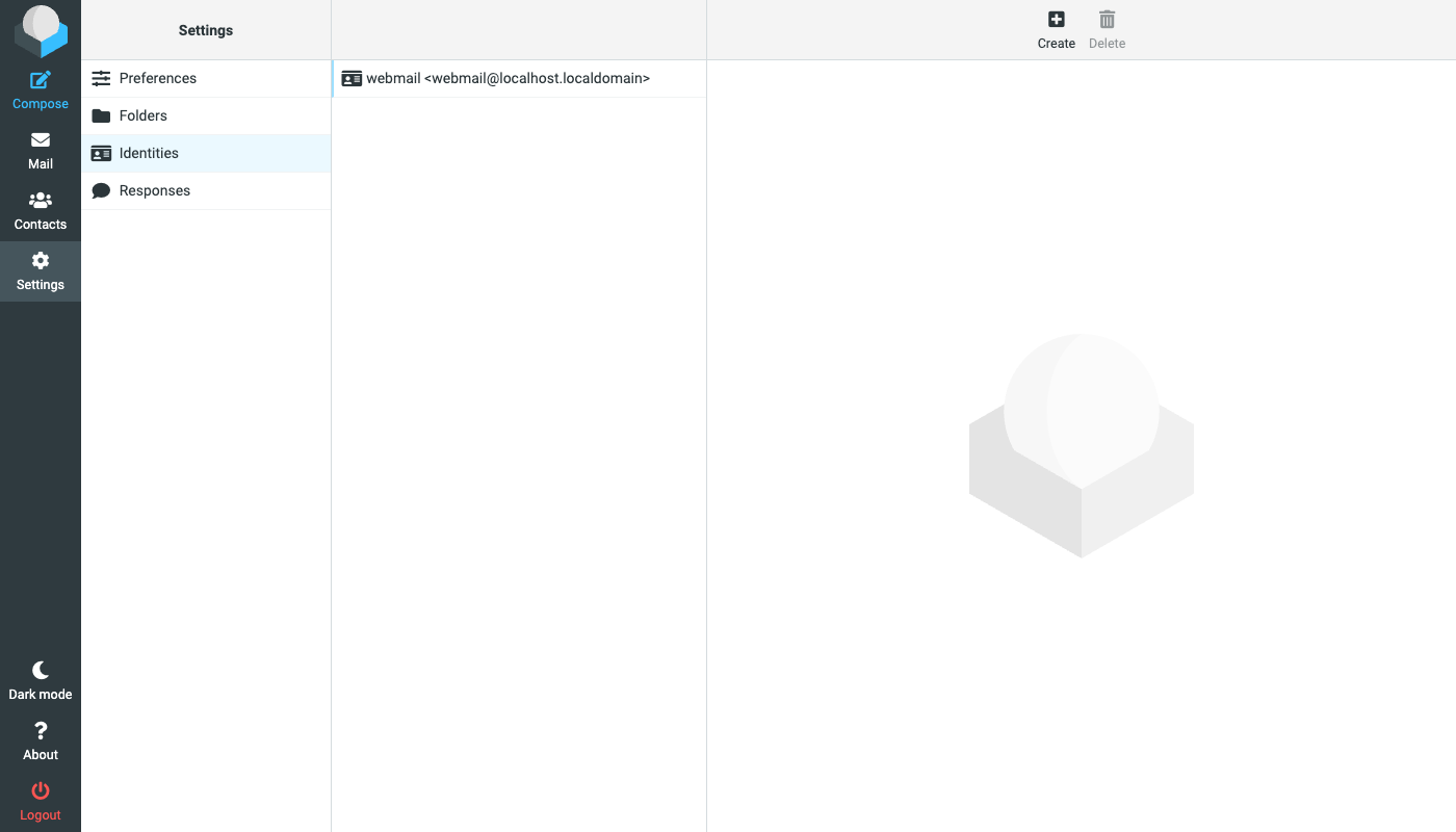 Roundcube Settings with the Identities section open, showing the webmail identity ready to be edited