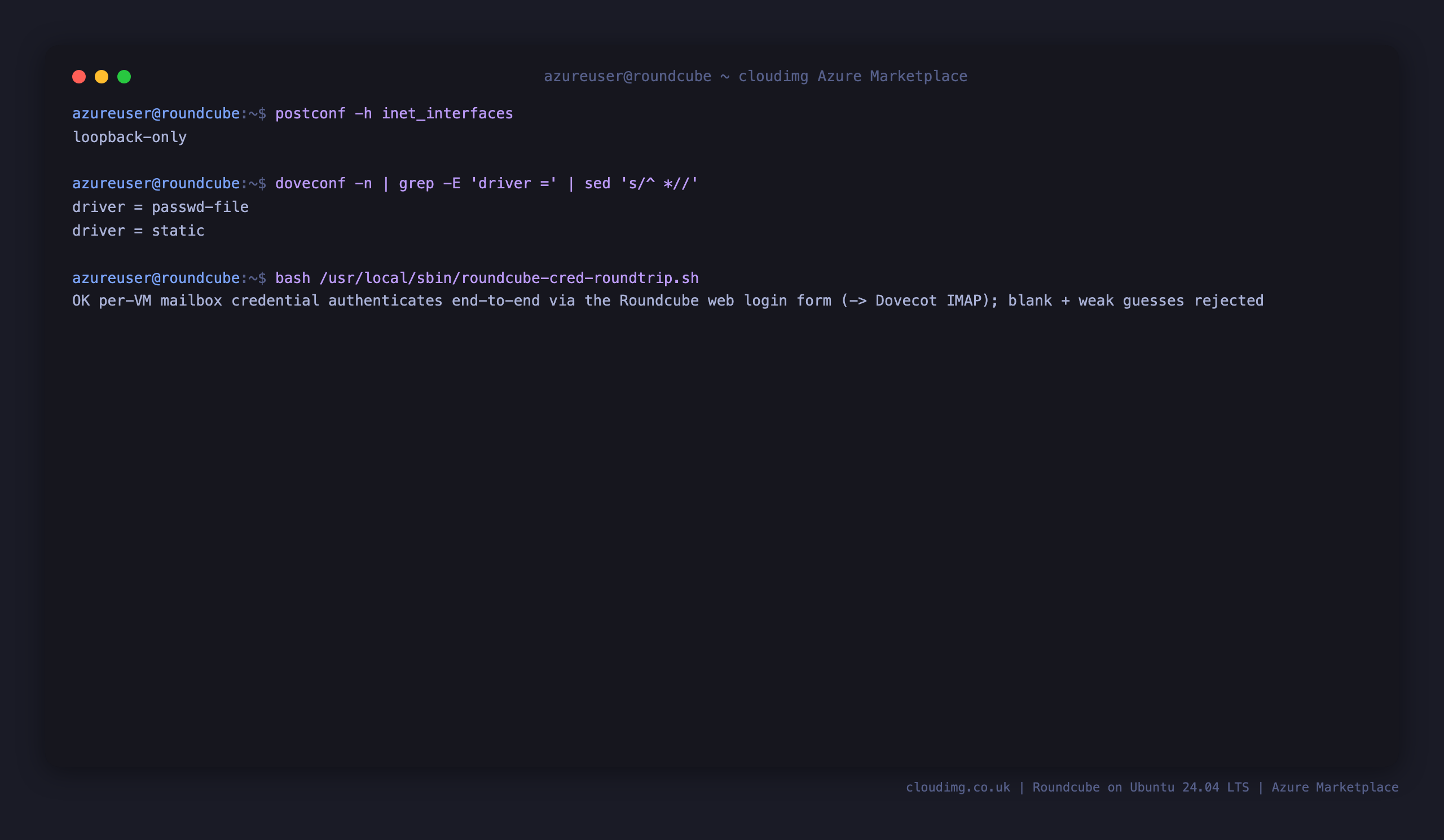 The loopback only mail transfer agent, the passwd-file and static Dovecot drivers with no PAM, and the credential round trip reporting OK