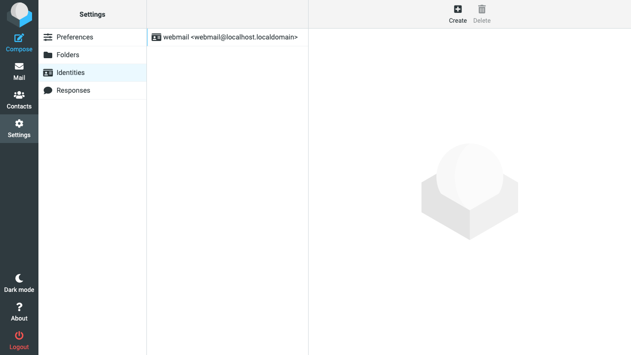 Roundcube Settings with the Identities section open, showing the webmail identity ready to be edited
