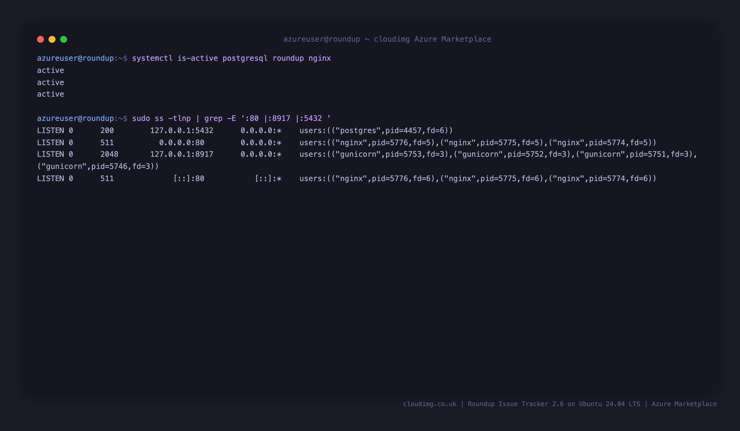 Terminal showing the postgresql, roundup and nginx services active with gunicorn and PostgreSQL bound to loopback only