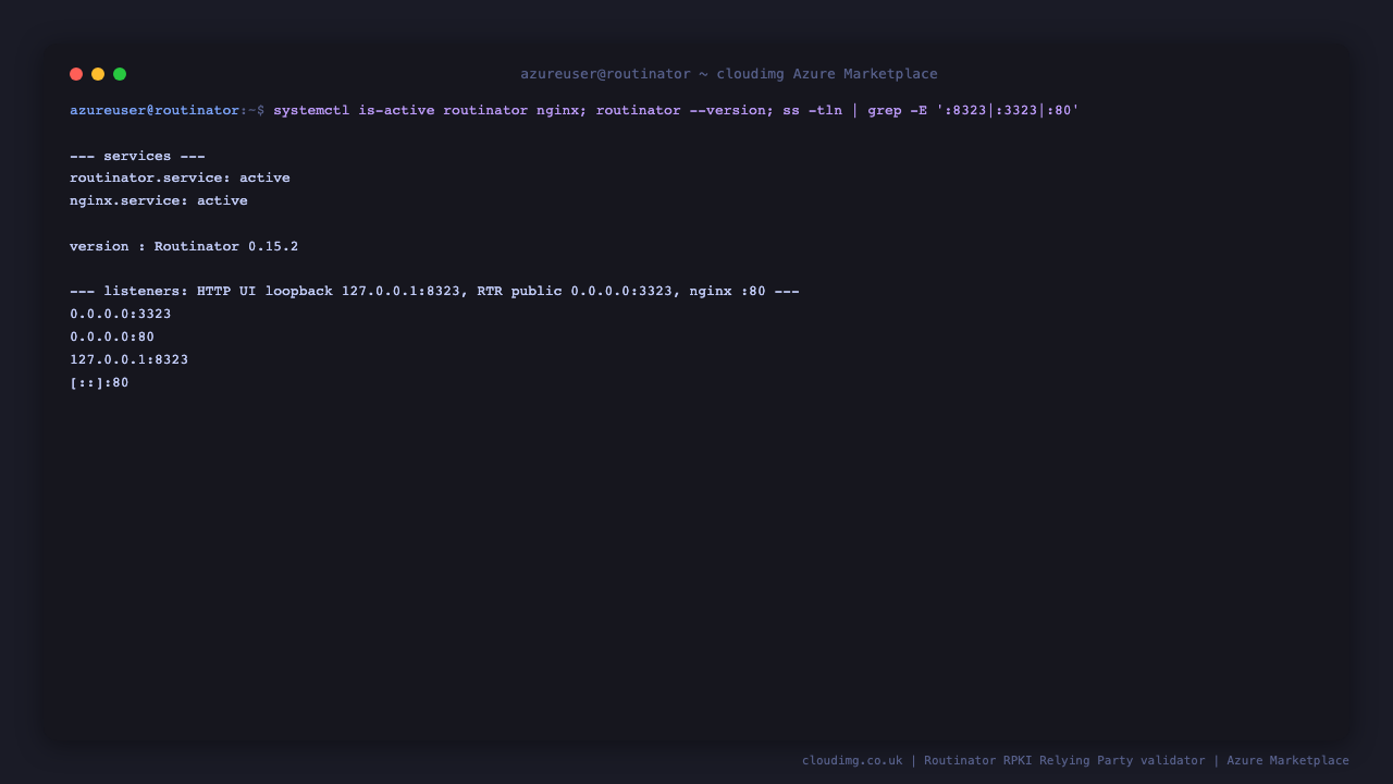 The routinator and nginx services active, Routinator reporting version 0.15.2, and the listeners showing the HTTP interface on loopback 127.0.0.1:8323, the RTR server on 0.0.0.0:3323 and nginx on port 80