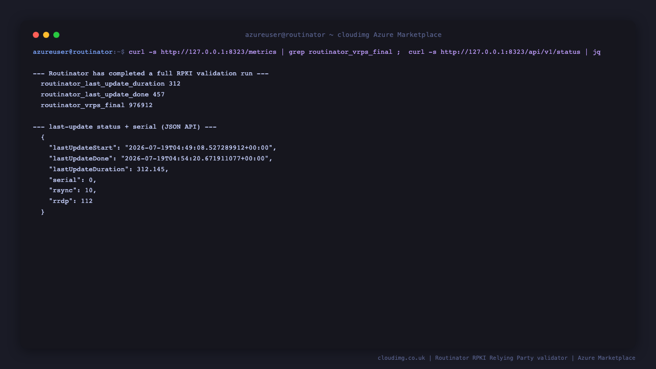 Routinator reporting a completed validation run with routinator_vrps_final at 976912, plus the JSON status API showing the last update start and done timestamps, the update duration and the current serial