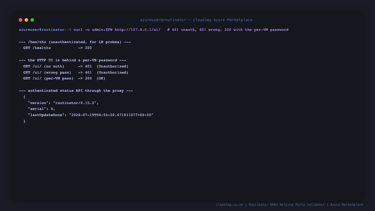 The nginx Basic Auth round-trip returning 200 for the unauthenticated healthz endpoint, 401 for the web interface without and with a wrong password, 200 with the per-VM password, and the authenticated status API returning routinator 0.15.2