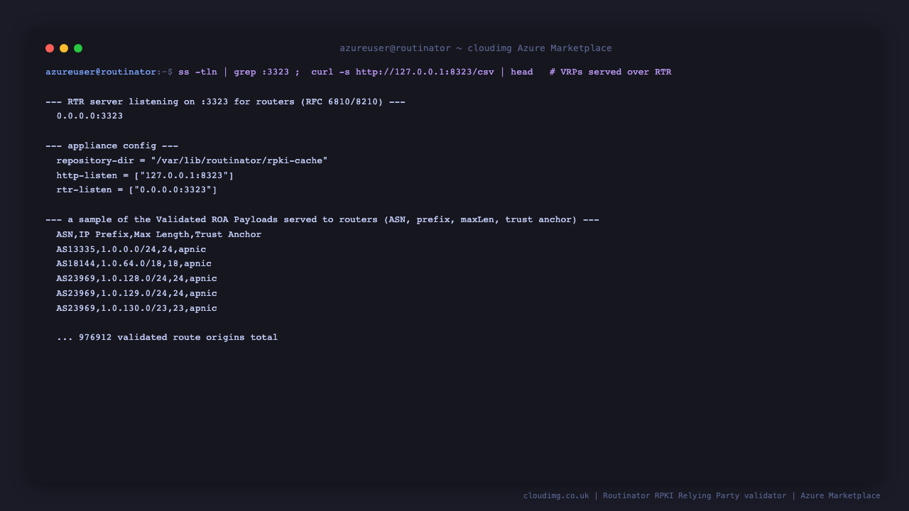 The RTR server listening on 0.0.0.0:3323, the appliance config showing the loopback HTTP listener and the public RTR listener, and a sample of the Validated ROA Payloads in CSV form listing origin ASN, prefix, max length and trust anchor