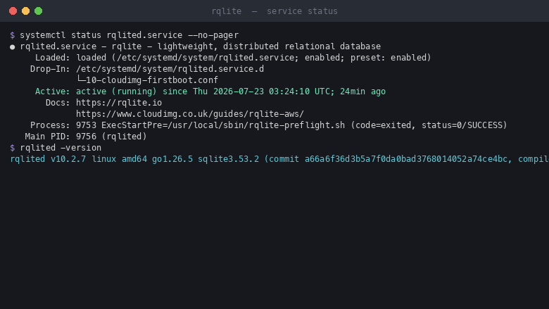 rqlite service status on a freshly booted instance, showing the native systemd unit active and the cloudimg first boot drop in