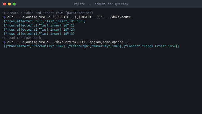 A real schema with a secondary index, parameterised inserts and a query returning real rows from the rqlite HTTP API