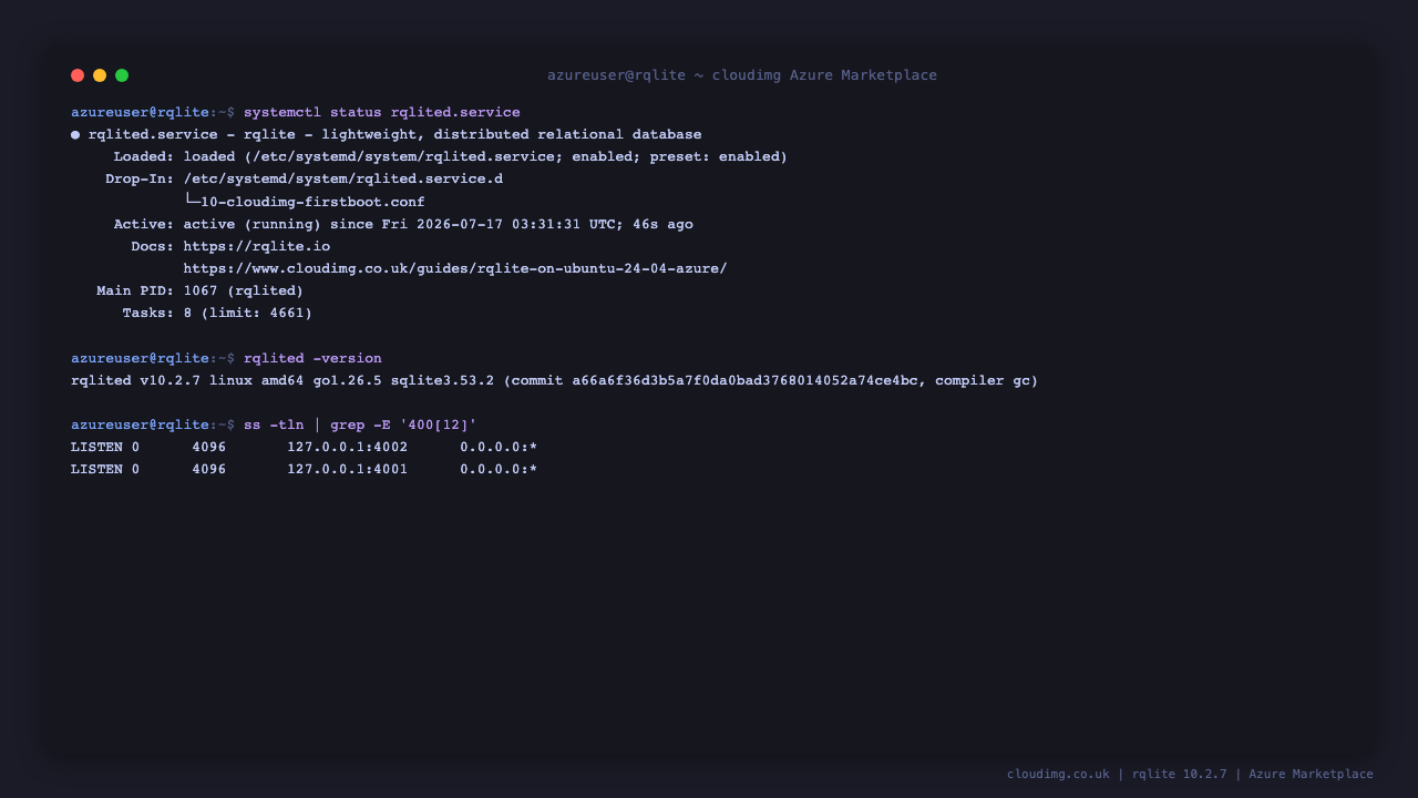rqlite service status on a freshly booted virtual machine, showing the native systemd unit active and the cloudimg first boot drop in