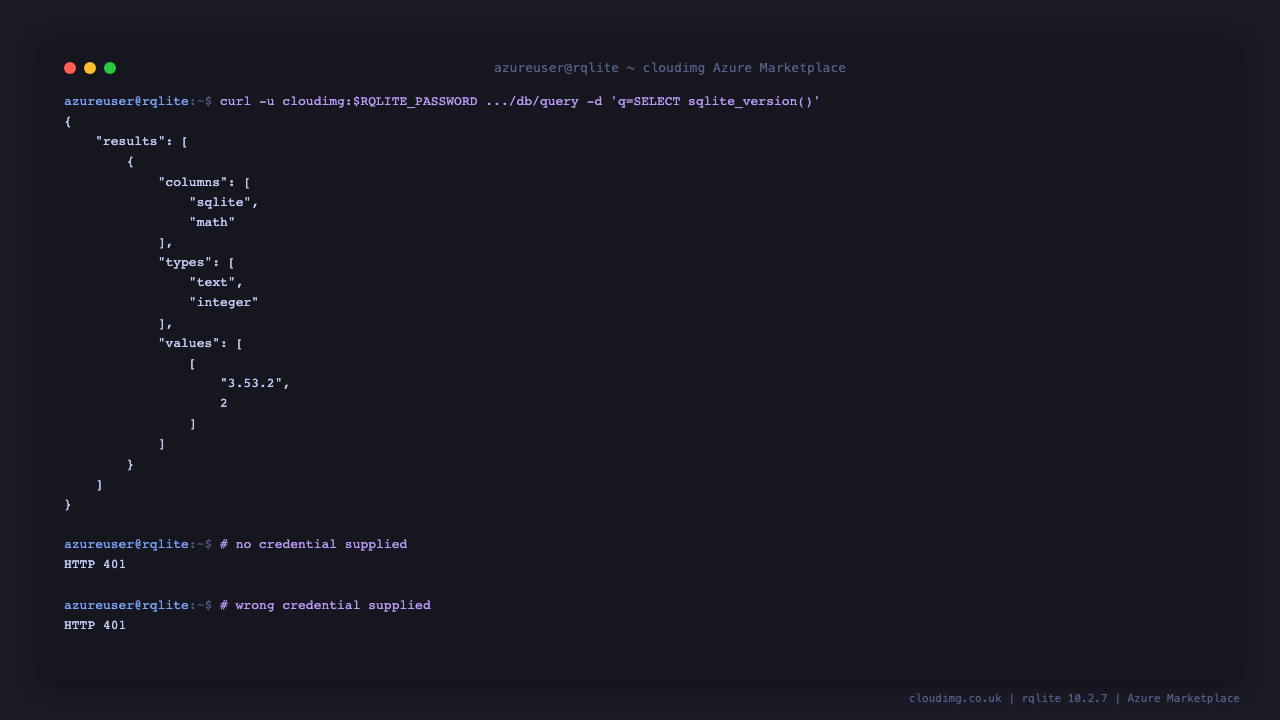An authenticated rqlite query returning real rows over the HTTP API, and an unauthenticated request being refused with HTTP 401