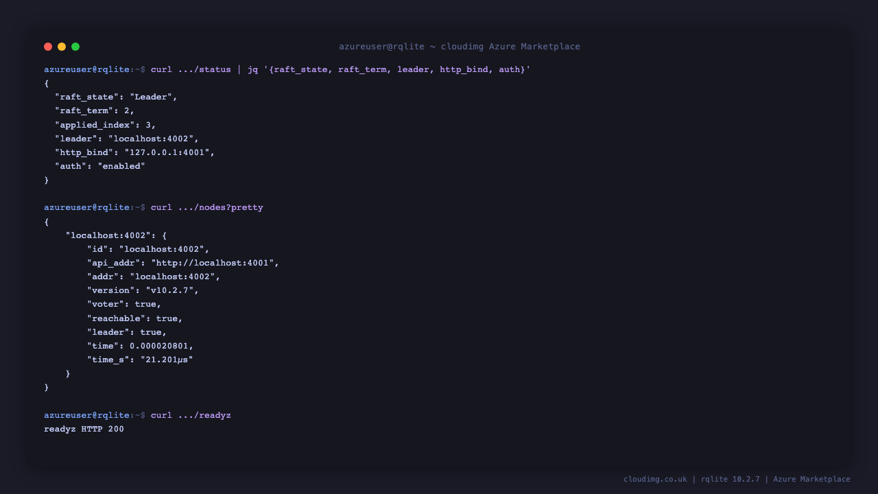 Real Raft consensus state from a single rqlite node, showing leadership, the current term, the node listing and a passing readiness probe