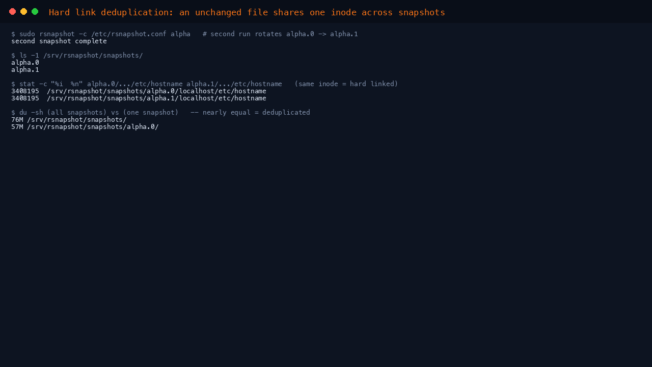 Hard link deduplication proven: an unchanged file shares one inode across two snapshots