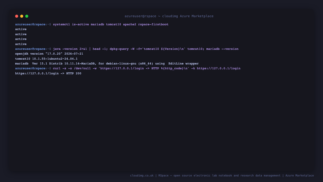 RSpace services active on Ubuntu 24.04, showing MariaDB, Tomcat 10, Apache and the first boot unit, with the login page returning HTTP 200
