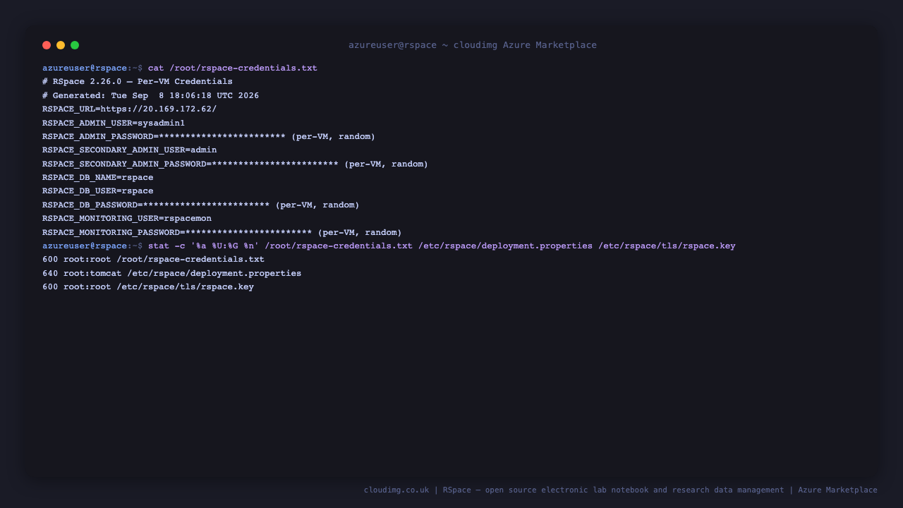 The per VM RSpace credentials file with passwords masked, showing the sysadmin, database and monitoring accounts and their root only file permissions