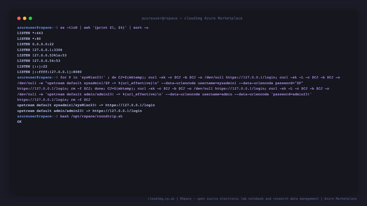 Listening sockets showing only ports 22, 80 and 443 reachable off the VM, both upstream default logins rejected back to the login page, and the credential round trip returning OK