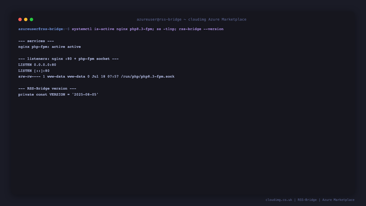 The nginx and php8.3-fpm services reporting active, nginx listening on port 80, the PHP-FPM socket, and the RSS-Bridge version