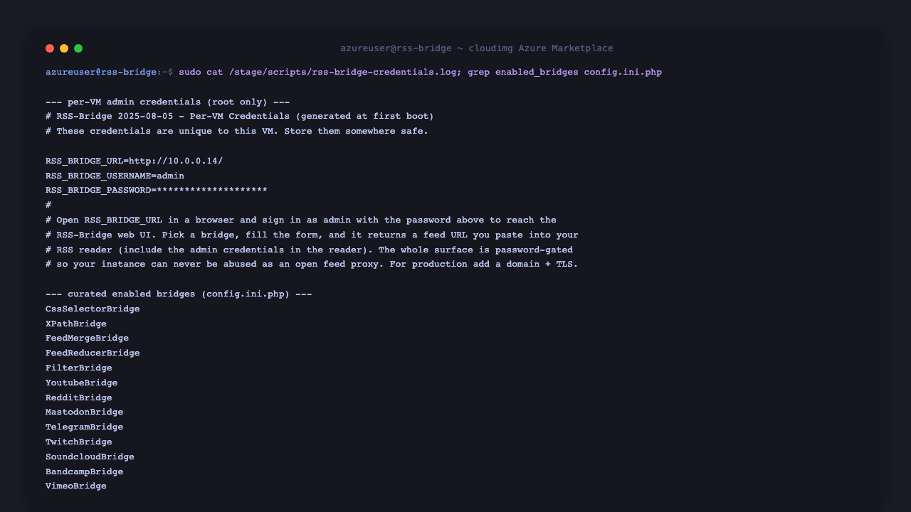 The per VM credentials file with the generated admin username, password and URL, and the curated list of enabled bridges