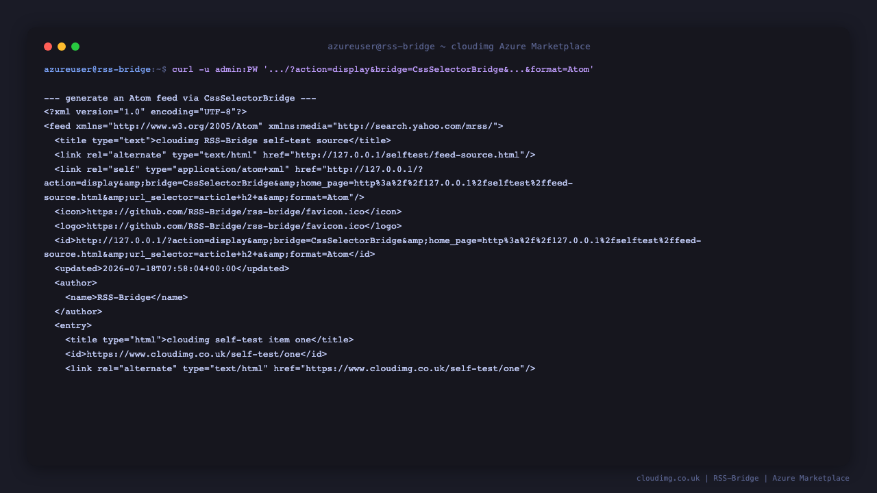 The CSS Selector Bridge generating a valid Atom feed from the built-in self-test source, with three feed entries