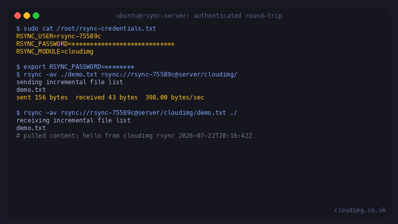 An authenticated rsync push and pull round-trip against the cloudimg module