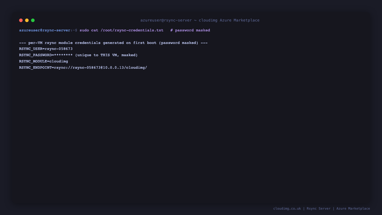 The per instance credentials file at /root/rsync-credentials.txt showing the generated rsync module user, the password masked, the module name cloudimg, and a sample rsync endpoint, all unique to this virtual machine and generated on first boot