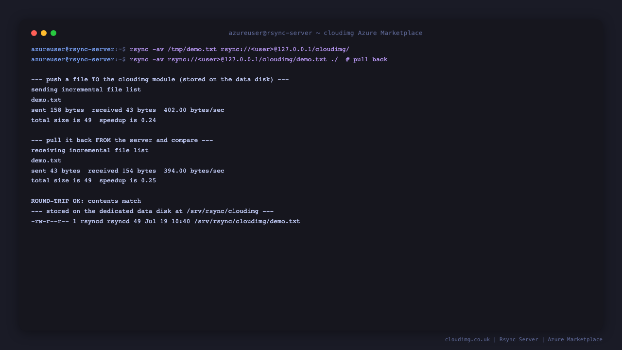 An rsync push of a file into the cloudimg module over the rsync protocol showing the transfer summary, followed by an rsync pull of the same file back from the server, and cmp confirming the round trip contents match, with the file stored on the dedicated data disk