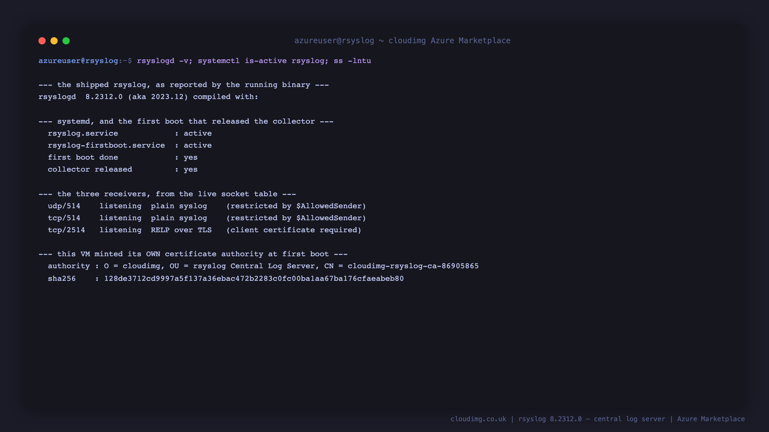 Terminal showing rsyslogd reporting version 8.2312.0, rsyslog.service and rsyslog-firstboot.service both active, first boot done yes and collector released yes, then the three receivers listed as listening with udp 514 and tcp 514 marked as restricted by AllowedSender and tcp 2514 marked as requiring a client certificate, and finally the certificate authority this VM minted for itself on first boot with its subject and SHA-256 fingerprint