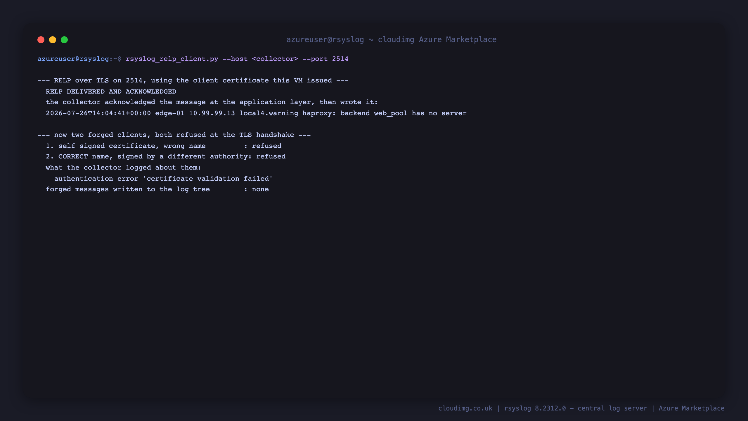 Terminal showing a RELP over TLS delivery to port 2514 using the client certificate this VM issued, returning RELP_DELIVERED_AND_ACKNOWLEDGED and then the line the collector wrote for host edge-01 from source 10.99.99.13 at local4.warning, followed by two forged clients both refused at the TLS handshake, one a self signed certificate with the wrong name and one carrying the correct permitted name but signed by a different authority, the collector logging a certificate validation failed authentication error, and no forged messages written to the log tree