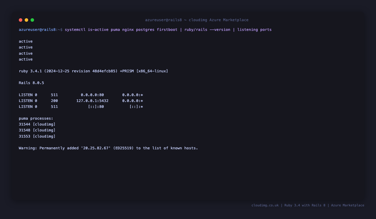 All four services active and Ruby 3.4.1 + Rails 8.0.5 reported