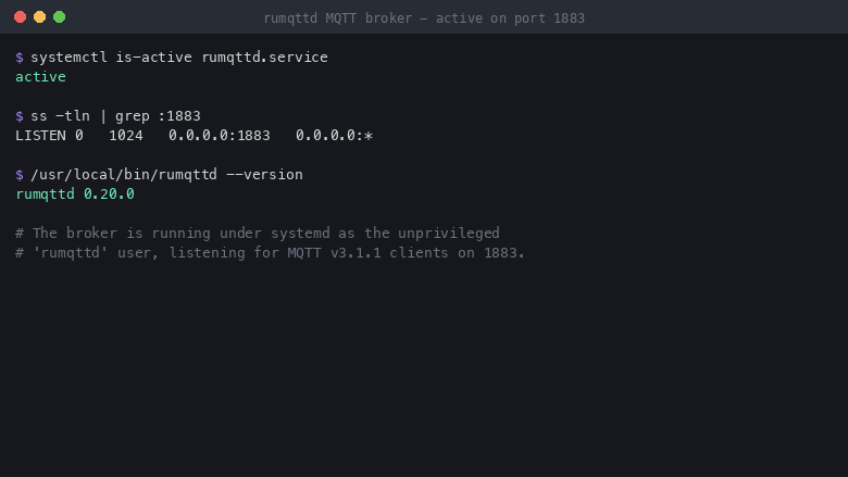 rumqttd.service reports active and ss shows the broker listening on port 1883 for MQTT over TCP on all interfaces, confirming the MQTT broker is up on the standard port