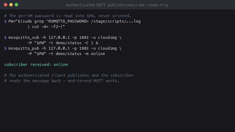 the mosquitto clients complete an authenticated publish and subscribe round trip on port 1883 using the per instance username cloudimg and password, with the subscriber printing the published message, proving the broker is healthy and authentication works
