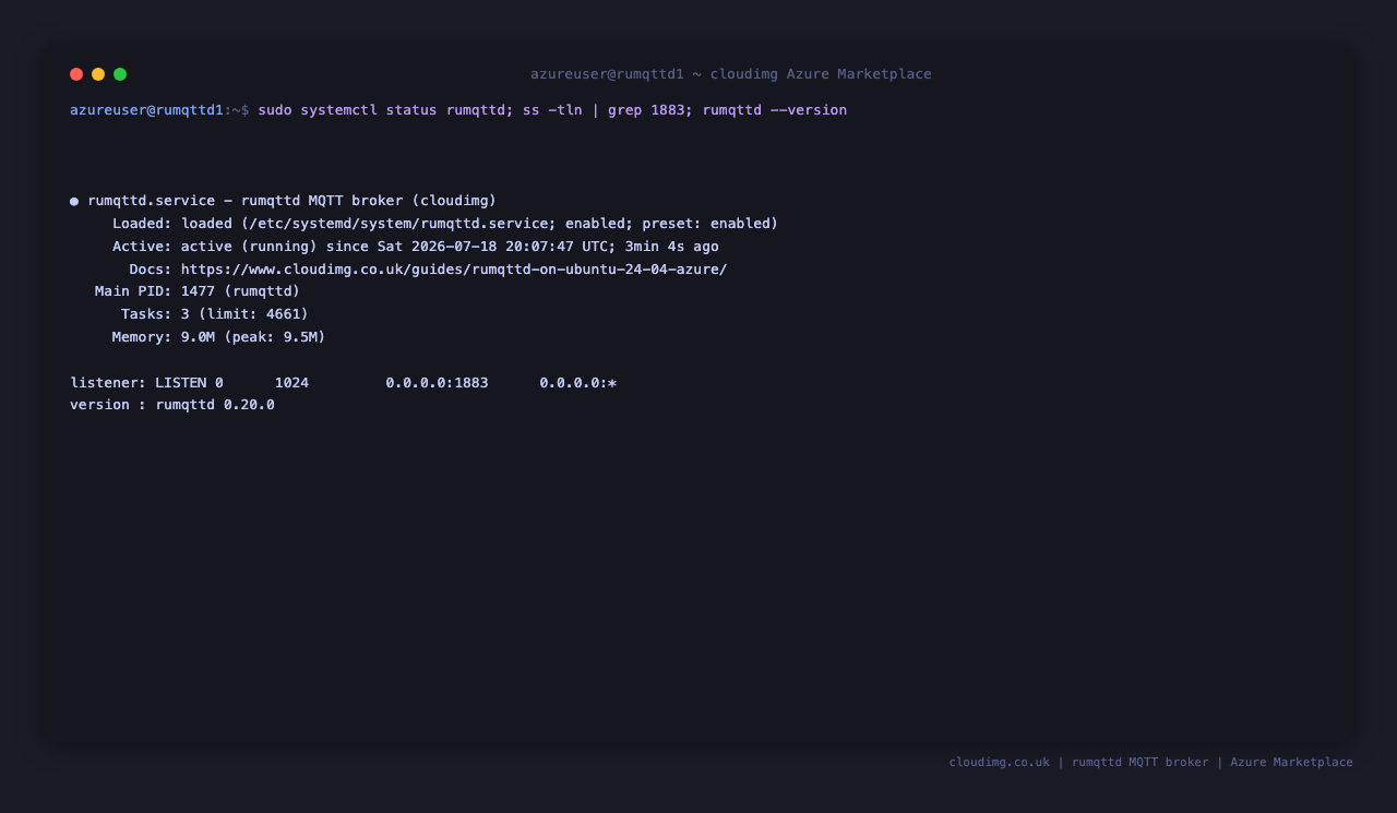 rumqttd.service active (running), listening on TCP 1883, rumqttd 0.20.0