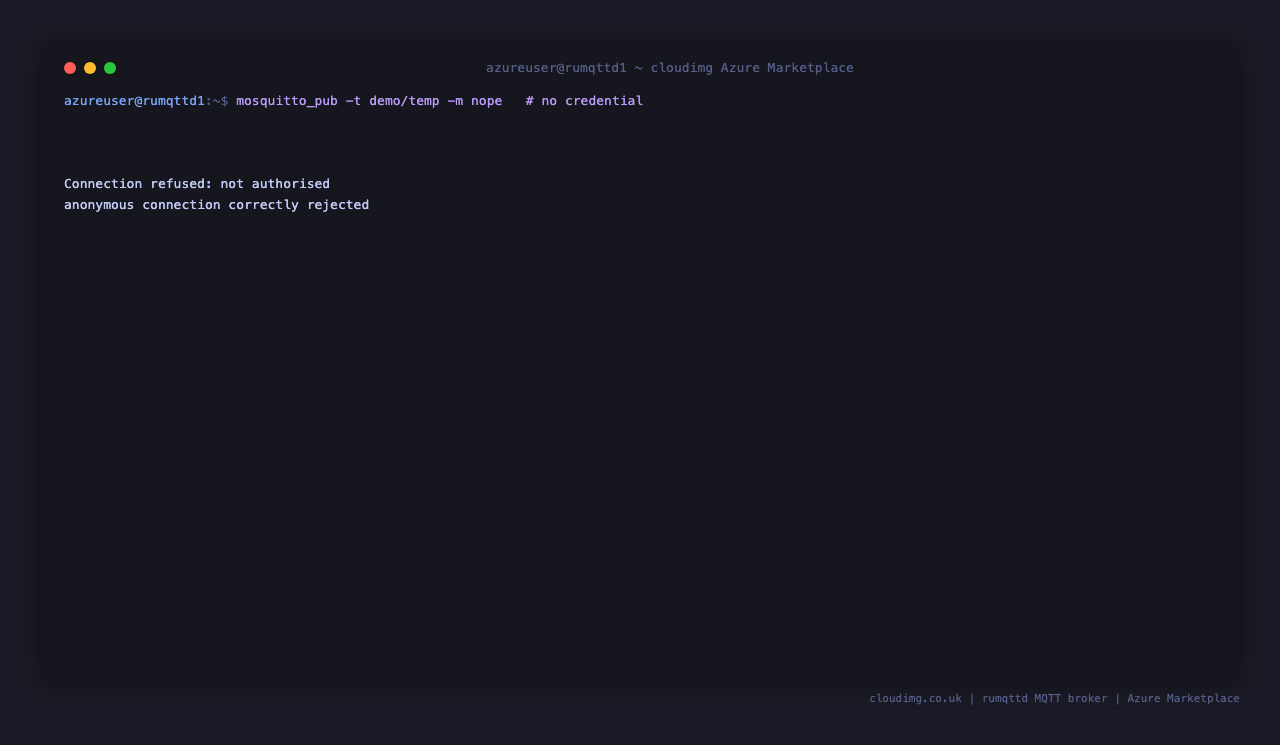 Anonymous publish rejected by the broker — authentication is enforced