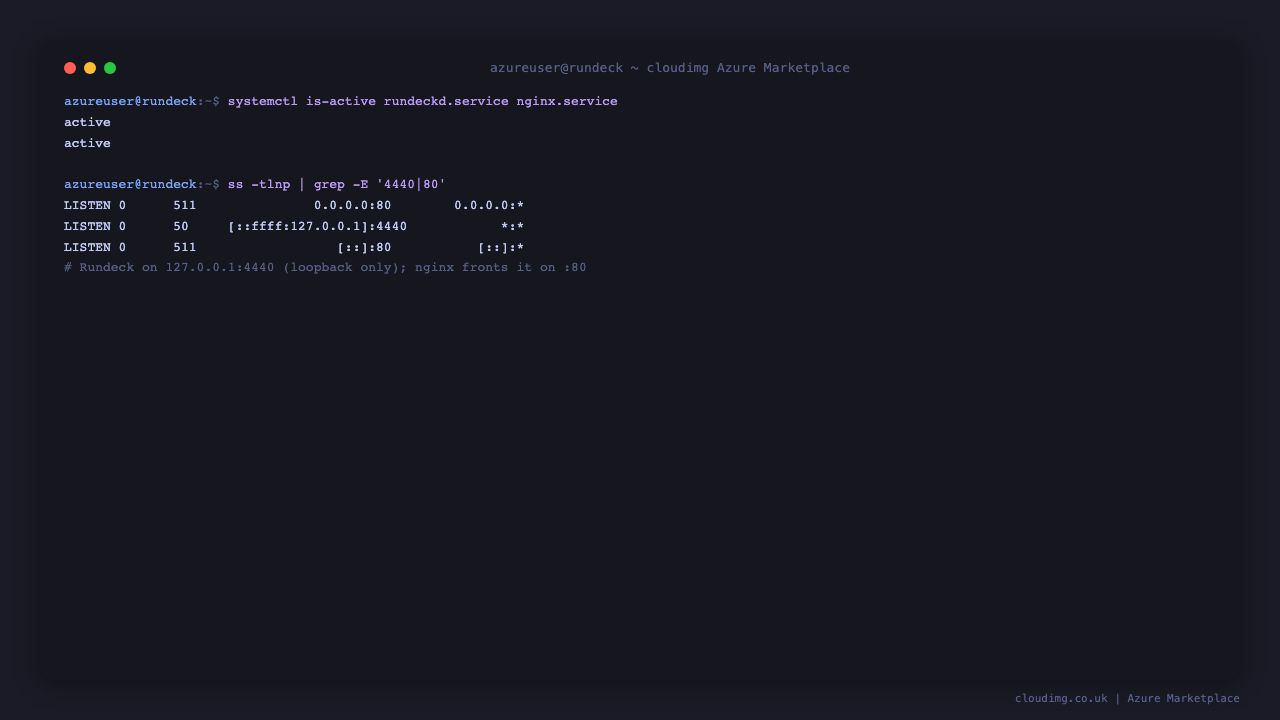 rundeckd.service and nginx.service reporting active, with the Rundeck web connector bound to loopback 4440 behind nginx on port 80