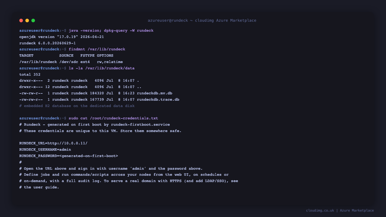 The root only 0600 credentials file with the per VM admin username and password redacted, plus the embedded H2 database on the dedicated data disk at /var/lib/rundeck