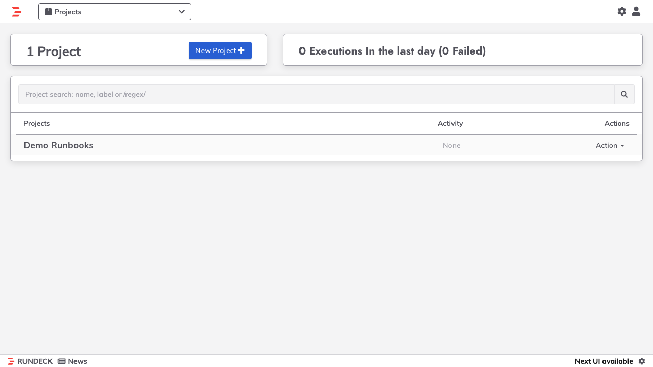 The Rundeck projects dashboard after signing in, listing your projects and recent execution activity