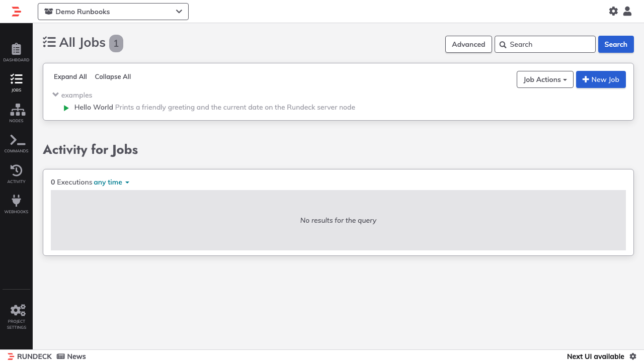 The Jobs list for a project showing a Hello World job defined in the examples group, with New Job and Job Actions controls