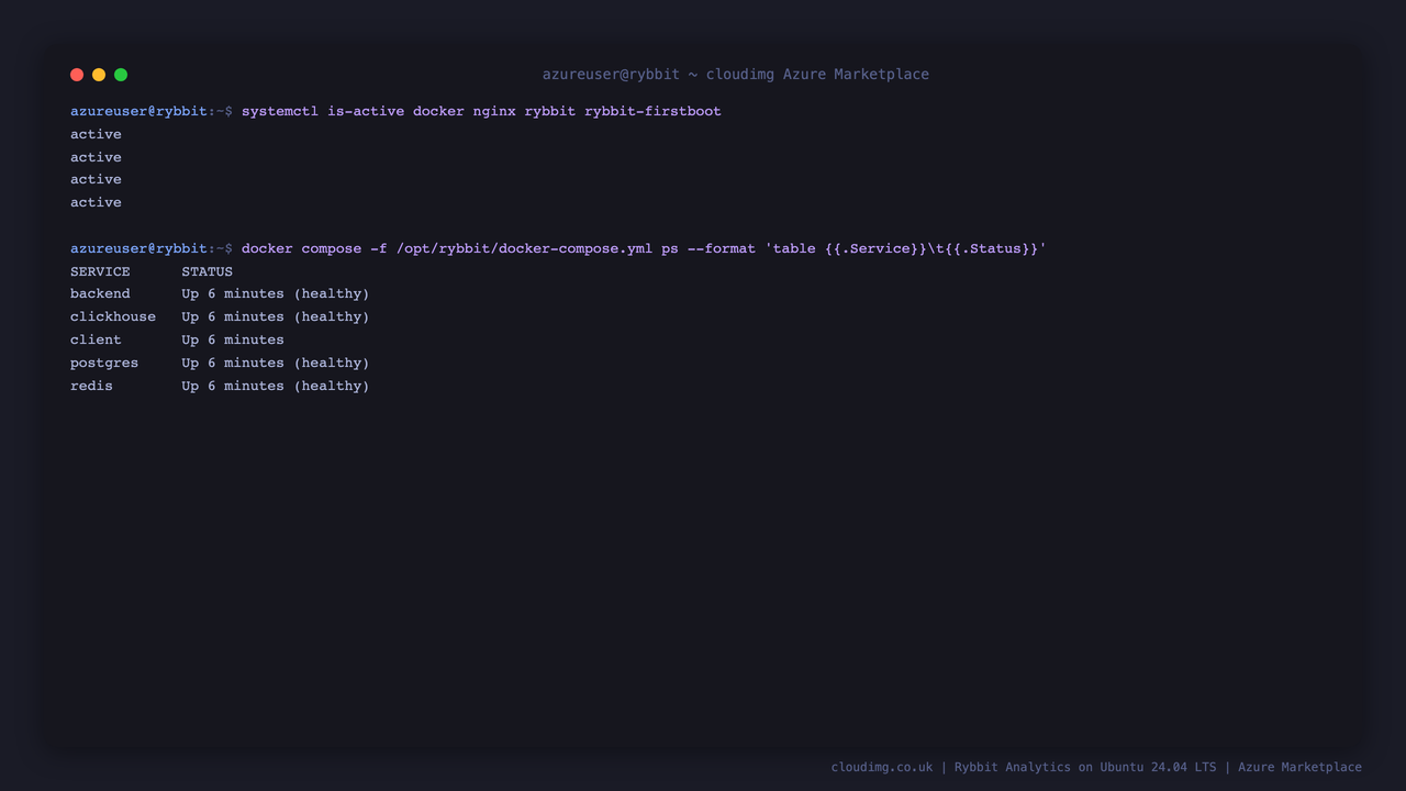 Rybbit services and the Docker Compose stack running on Ubuntu 24.04