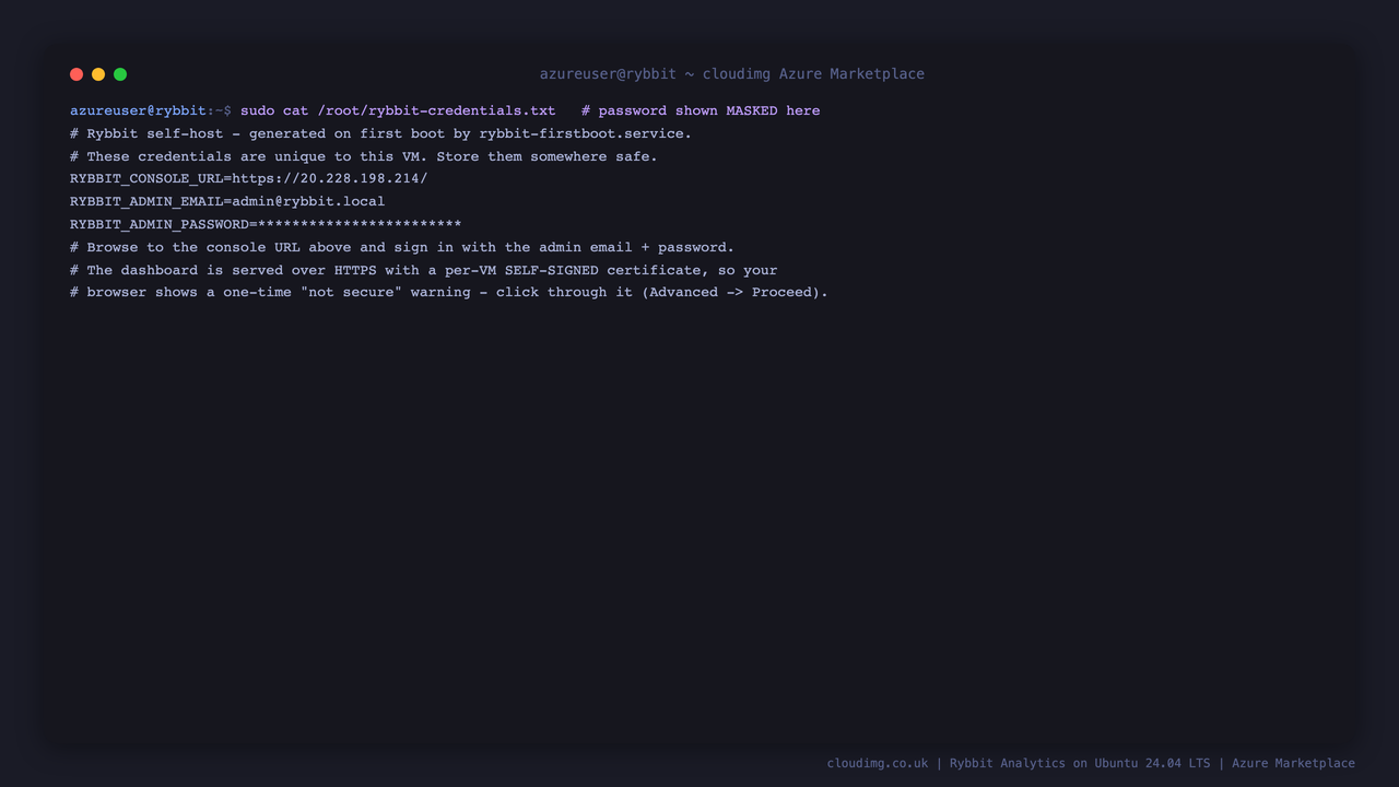 The per-VM admin credentials file with the password masked