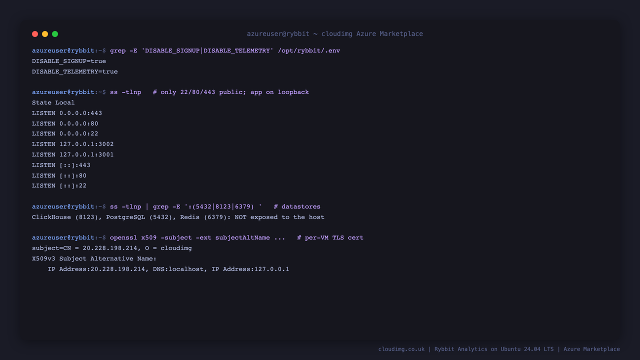 Rybbit secure-by-default posture: signup locked, datastores internal, per-VM TLS certificate