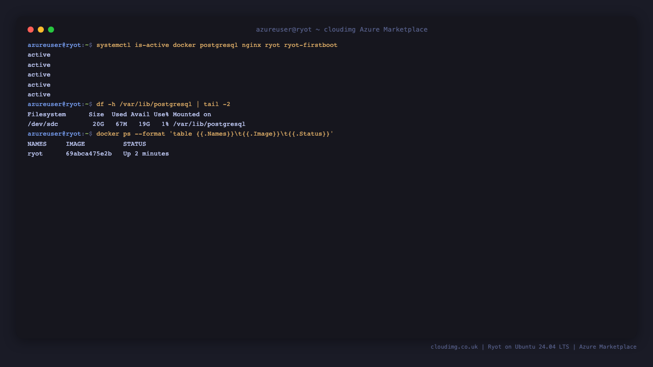 All five Ryot services active with the dedicated PostgreSQL data disk mounted at /var/lib/postgresql