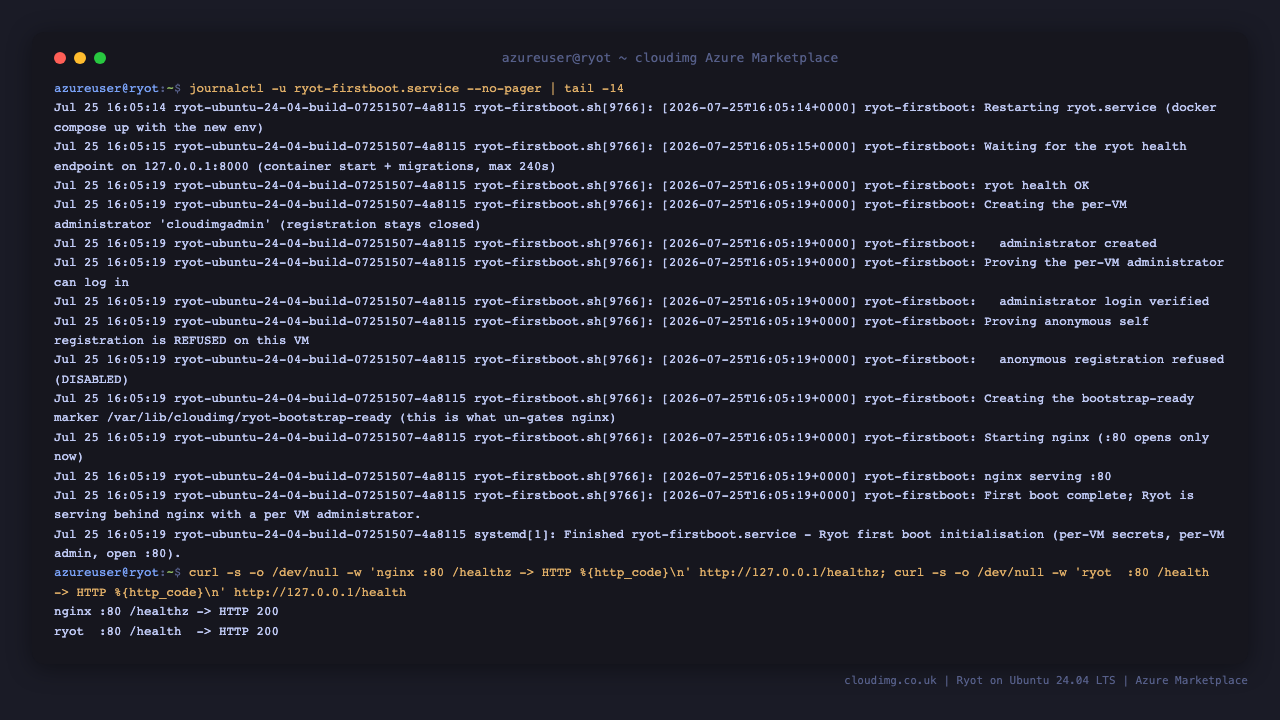 The first boot log closing with anonymous registration refused, the bootstrap marker created and nginx started, plus both health endpoints returning 200