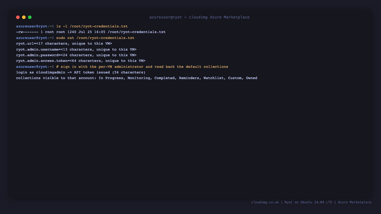 The root only credentials file with per-VM values, and a real sign in proving the administrator credential authenticates